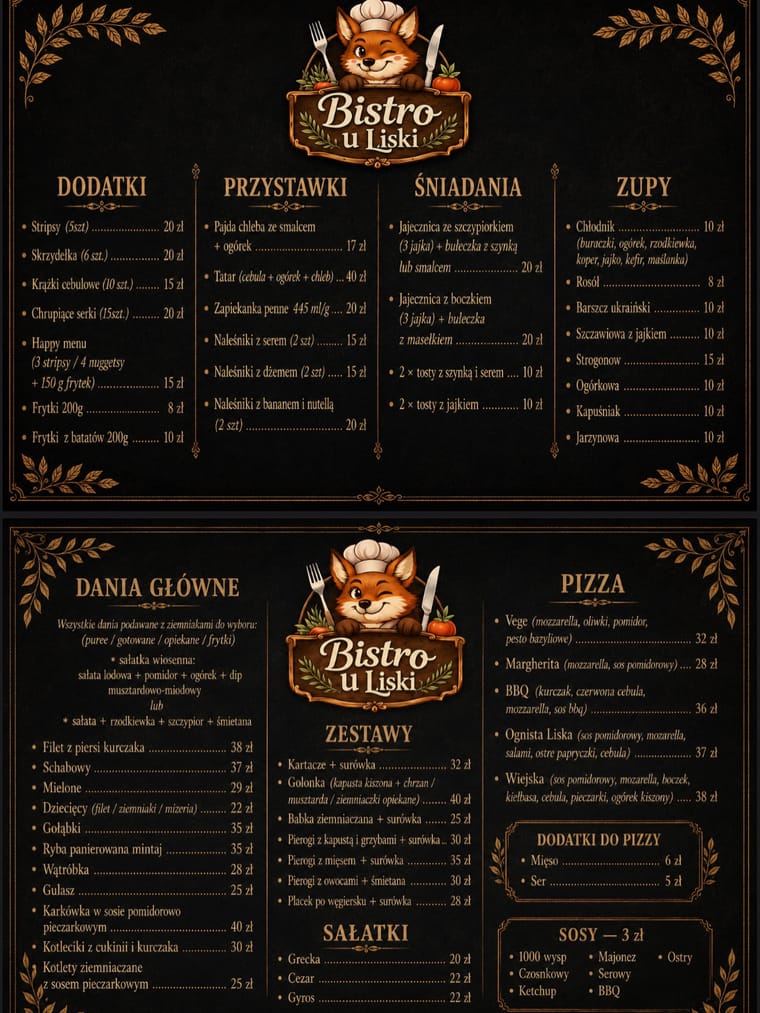 Zdjęcie drukowanej tablicy menu Bistro u Liski z podziałem na dodatki, przystawki, śniadania, zupy, dania główne, zestawy, sałatki i pizzę